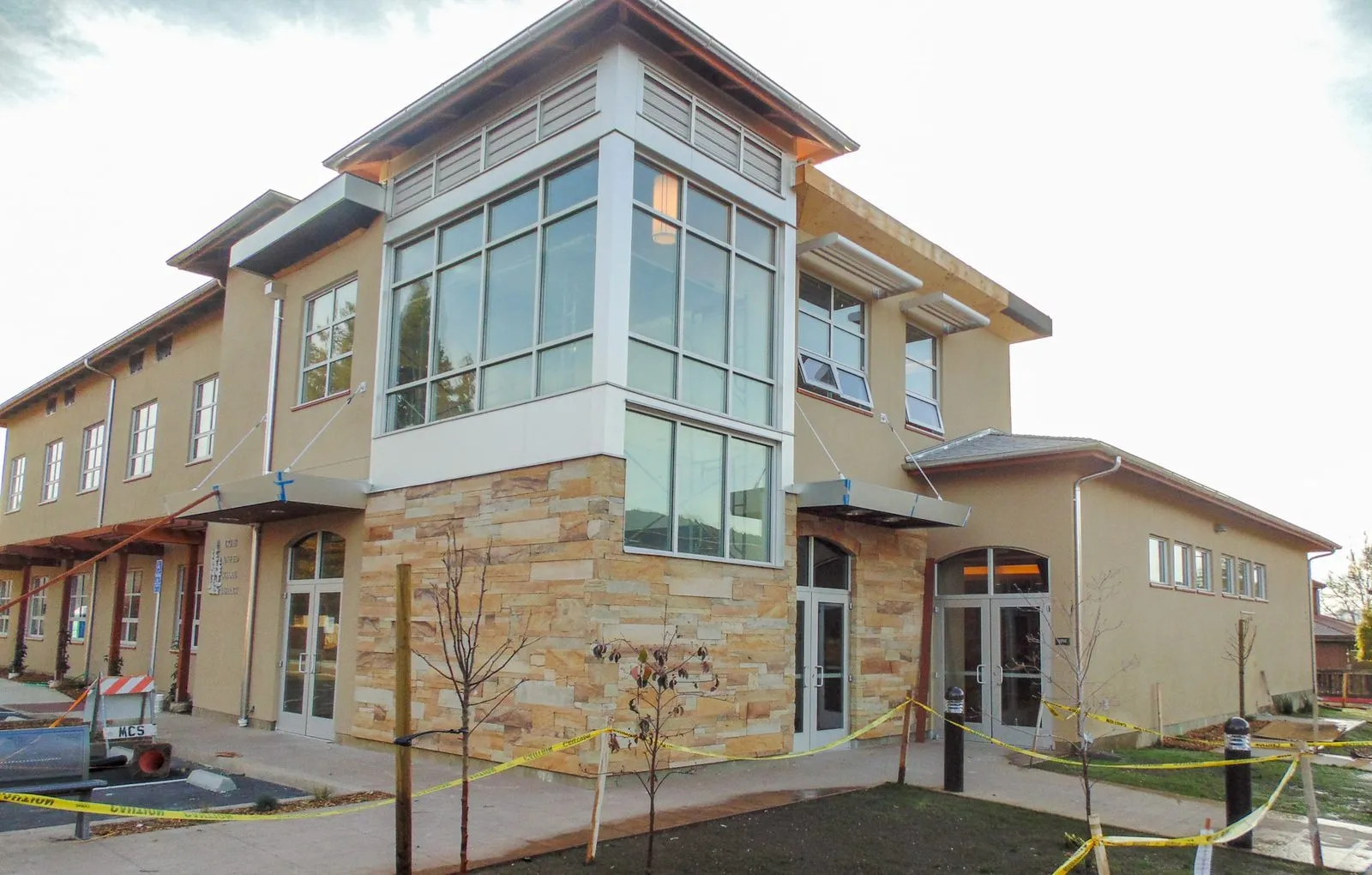 Stone-base corner with glass stair tower