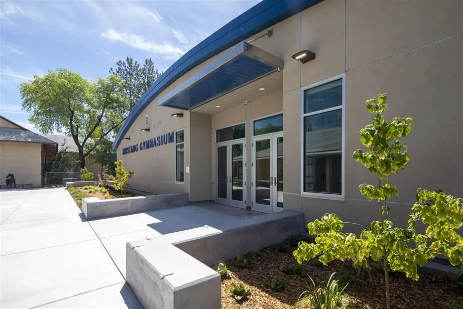 Entry canopy and landscaping